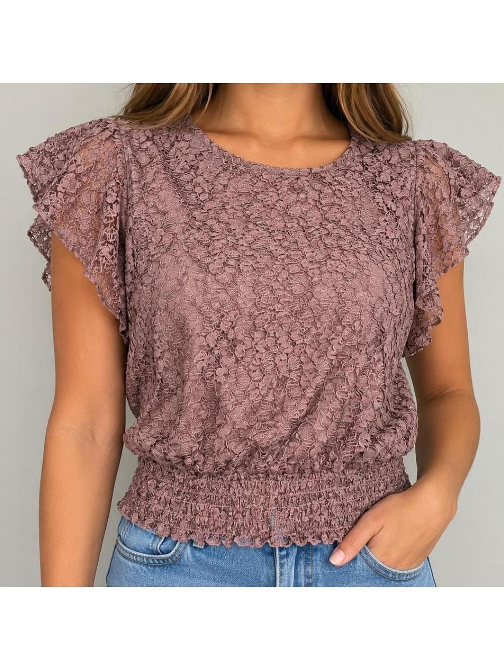 Lavish Mauve Lace Flutter Sleeve Top Size M